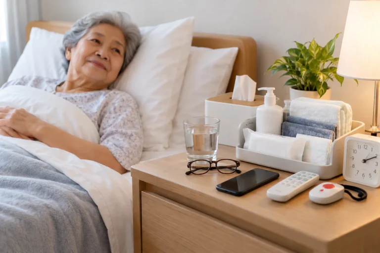 ของที่ควรวางข้างเตียงผู้สูงอายุ มีอะไรบ้าง? จัด Bedside Setup อย่างไรให้หยิบใช้ง่าย ลดการเดิน และช่วยให้การดูแลในแต่ละวันคล่องตัวขึ้น